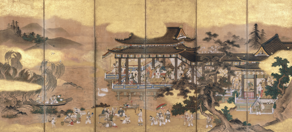 郭子儀兒孫遊歓嬉図屏風（右隻）　六曲一双　紙本金地著色　江戸時代　相国寺蔵（Ⅰ期）