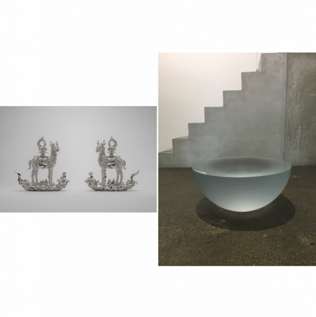 (左)名和 晃平 「Trans-Sacred Deer (p_cloud_agyo) / Trans-Sacred Deer (p_cloud)」・(右)新實 広記 「Vessel 半球」
