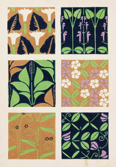 杉浦非水〔右上より〕《たつなみそう》《てうせんあさがほ》《フロックス》 《おほばこ》《スヰートピー》《わすれなぐさ》（部分） 『非水月刊図按』第1巻第1号 1918年 金尾文淵堂