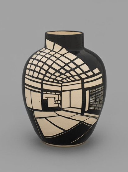 Shio Kusaka (interior 1), 2025 stoneware 17 3/4 x 14 1/2 x 14 1/2 inches (45.1 x 36.8 x 36.8 cm)　Photo: Marten Elder, courtesy of the artist and David Kordansky Gallery
