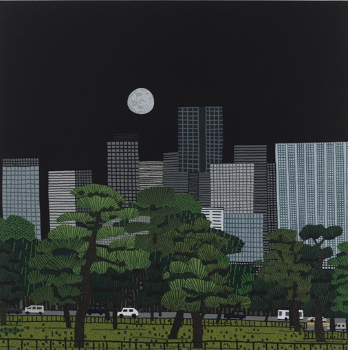 Jonas Wood Japan Cityscape, 2025 oil and acrylic on canvas 40 x 40 inches (101.6 x 101.6 cm) 　Photo: Marten Elder, courtesy of the artist and David Kordansky Gallery