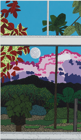 Jonas Wood Hawaii Kitchen View, 2025 oil and acrylic on canvas 70 x 40 inches (177.8 x 101.6 cm) 　Photo: Marten Elder, courtesy of the artist and David Kordansky Gallery