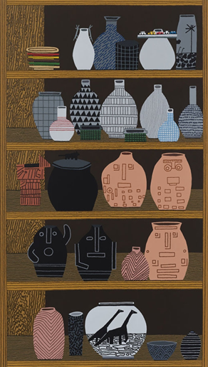 Jonas Wood Shio Shelf, 2025 oil and acrylic on canvas 70 x 40 inches (177.8 x 101.6 cm)　 Photo: Marten Elder, courtesy of the artist and David Kordansky Gallery