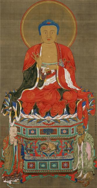 釈迦如来像  伊藤若冲筆 釈迦三尊像三幅のうち　絹本著色　江戸時代　明和二年（一七六五）　相国寺蔵