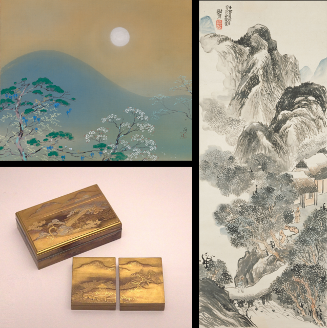 左上：四季京ノ山　梥本一洋　　左下：山水蒔絵香合　作者不明　　右：初夏之山水図　与謝蕪村