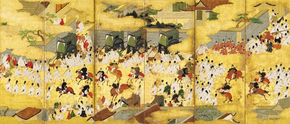 車争図屛風(右隻) 土佐光茂筆 室町時代・永禄3年(1560) 京都・仁和寺蔵 (前期展示)
