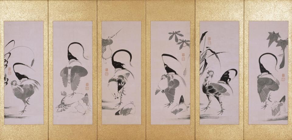 群鶏蔬菜図押絵貼屏風(左隻) 伊藤若冲筆 六曲一双 紙本墨画 江戸時代 相国寺蔵(通期)