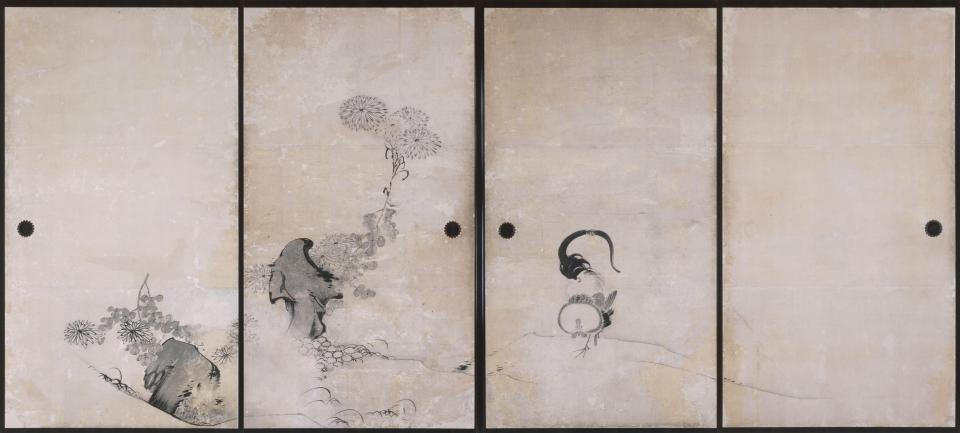 重要文化財 鹿苑寺大書院障壁画五十面のうち菊鶏図襖絵 四面 絹本墨画 江戸時代 鹿苑寺蔵(通期)
