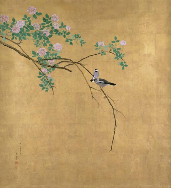 薔薇文鳥図 円山応挙筆 ⼀幅 紙本⾦地著⾊ 江⼾時代 相国寺蔵(Ⅱ期)