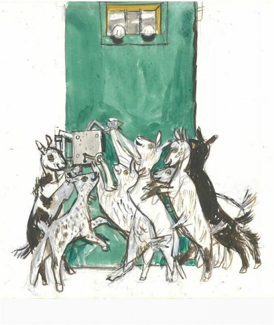 フェリックス・ホフマン『おおかみと七ひきのこやぎ』《こやぎたちドアをあける》1957年　©Felix Hoffmann　小さな絵本美術館蔵