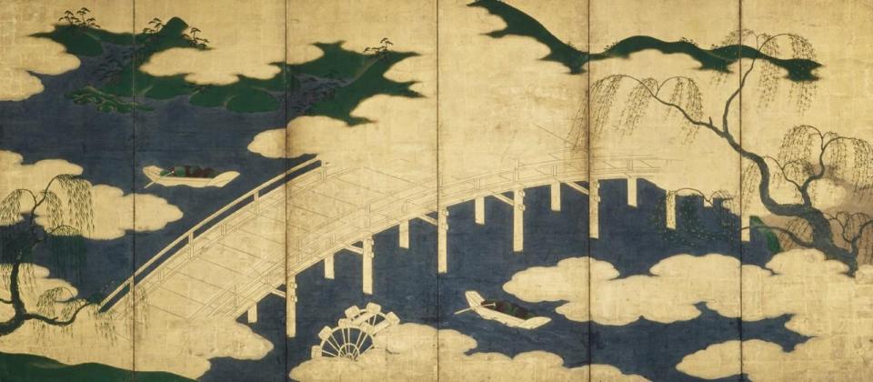 《柳橋柴舟図屏風》（右隻）　　江戸・17世紀