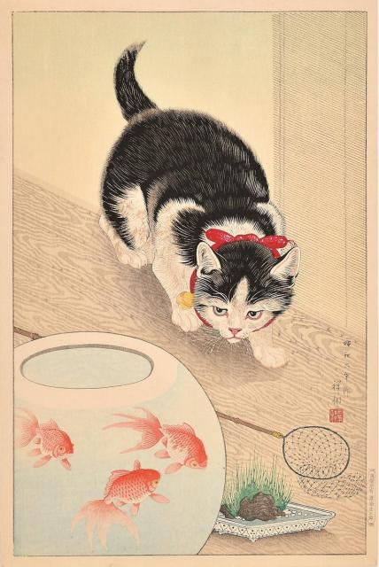 小原祥邨《金魚鉢に猫》昭和6年（1931）　渡邊木版美術画舗蔵