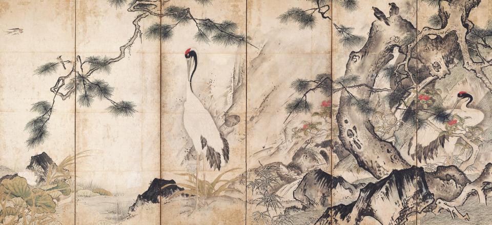 重要文化財　四季花鳥図屏風　雪舟筆　 京都国立博物館蔵　室町時代（15世紀）　通期展示（右隻）