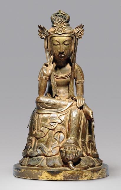 重要文化財　弥勒菩薩半跏像　１軀　銅造鍍金　白鳳・天智５年（666）　像高18.5 cm　大阪・野中寺